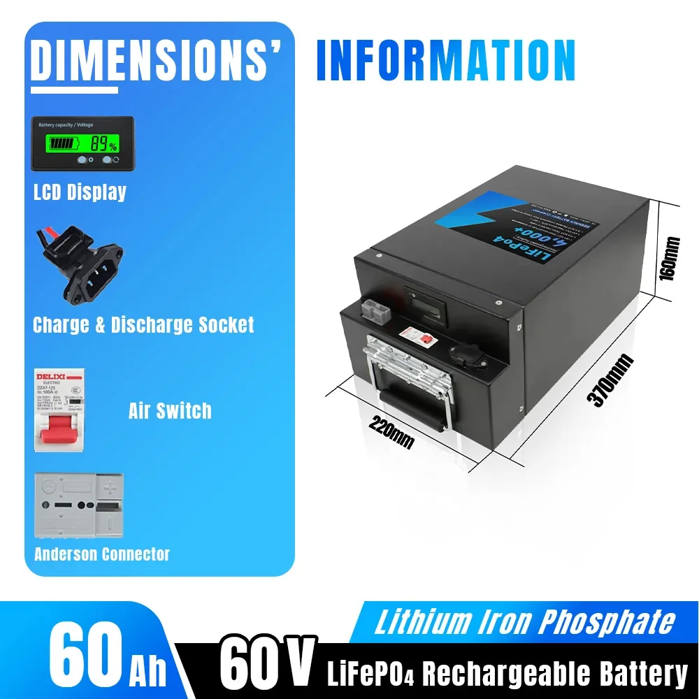 60V 60Ah Lifepo4 Battery Pack Lithium Iron Phosphate Built-in BMS Optional Bluetooth Deep Cycle for electric Tricycle motorcycle