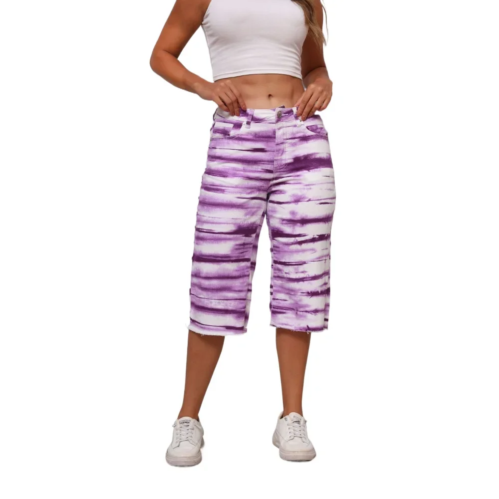 

Летний новый дизайн семидюймовых джинсов, окрашенных в технике тай-дай. Новые модные свободные прямые короткие джинсы с бахромой для женщин