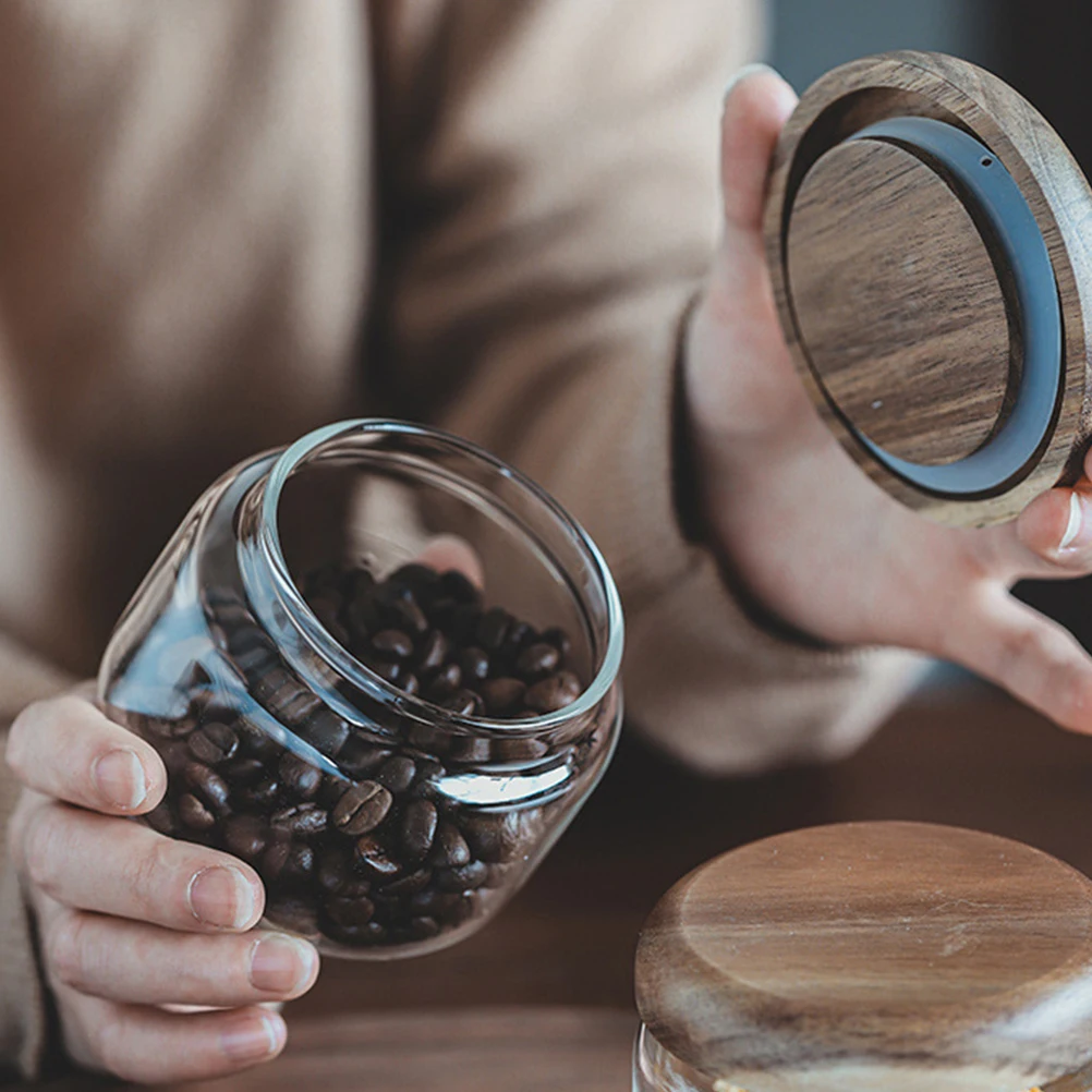 

Glass Food Storage Container 300ml Airtight Wood Lid Transparent Kitchen Canisters Sugar Tea Coffee Jar Wide Mouth Easy Clean