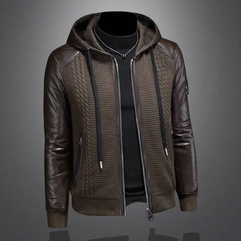 Winter Jackets Mens Duck Down Jacket Men 2025 Autumn Men's Knitted Spliced Leather Jacket Hooded Down Jacket Coat Kurtka Zimowa view 4