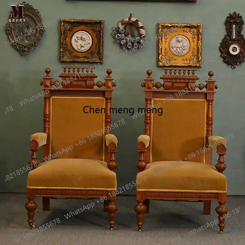 

French vintage solid wood living room small apartment carved single sofa chair velvet second-hand leisure armchair