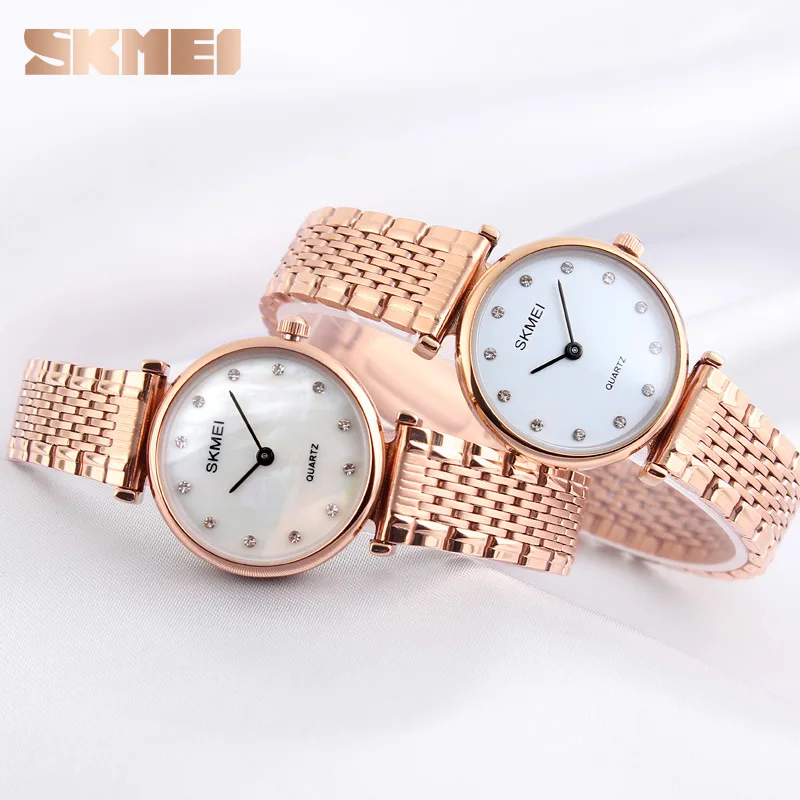 Skmei 여성용 비즈니스 패션 방수 스틸 스트랩 시계, 심플하고 절묘한 쿼츠 시계, 다이아몬드 포함