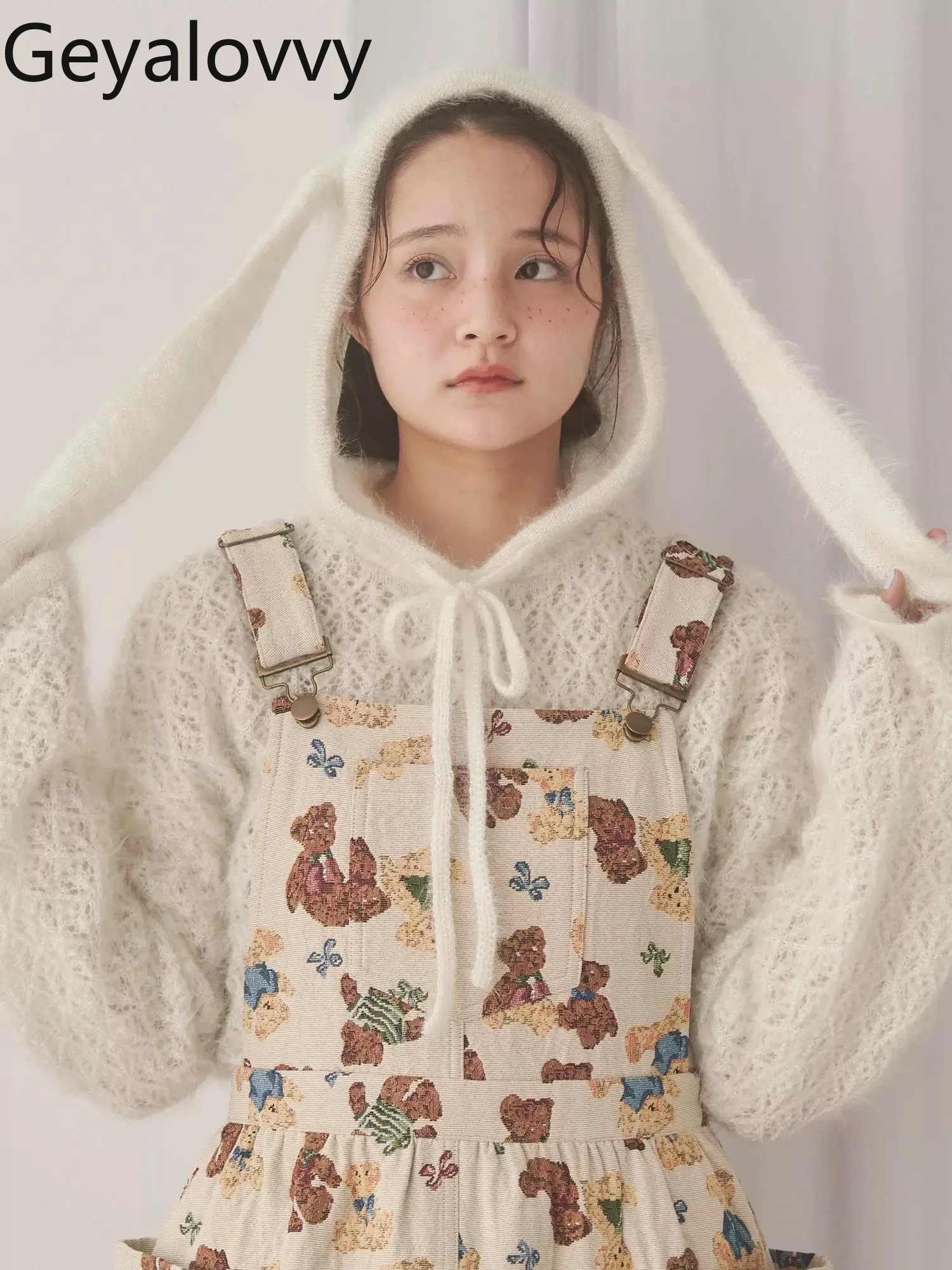 

Japanese Style Versatile Girl's Hooded Rabbit Ear Knitted Sweater Autumn Winter Hooded Casual Pullover Sweaters for Women