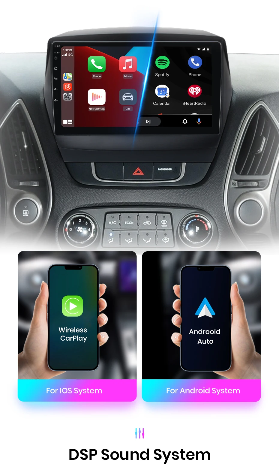 Junsun Kabelloses CarPlay Android Auto Autoradio für Hyundai Tucson 2 ix35 2009 - 2015 2 DIN Multimedia-Stereoanlage mit integriertem Lüfter GPS-Navigation SWC Bluetooth FM RDS DSP IPS-Bildschirm Auto-Intelligentes System 4G WiFi 8-Kern Plug&Play Head Unit – Detail 11