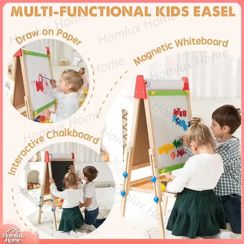 Kids Floor Standing Drawing Easel with 2 Paper Rolls Chalkboard Wooden Learning Toy for 3 4 5 6 7 8 Year Old Boys and Girls