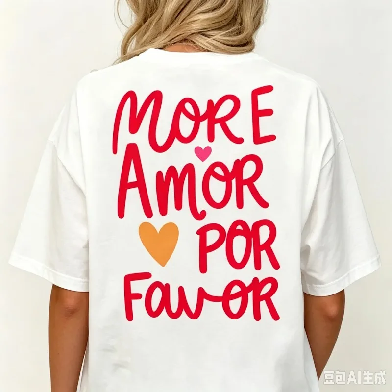 MORE AMOR POR FAVOR T‑Shirt Women Letter Print Heart Pattern Modal Cotton Casual Love Gift Tops Daily Outfit Gift For Her