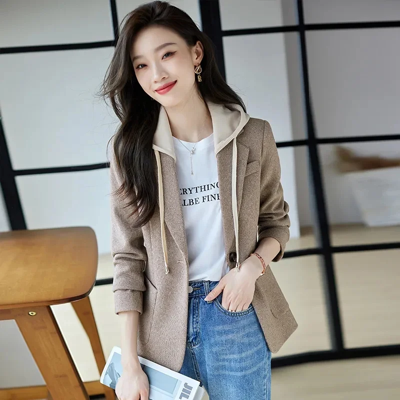 2023 Fashion Women Woolen Suit Jacket Casual Coat Spring Autumn Detachable Hooded Blazers Lady Office Outerwear Slim Top Blazers