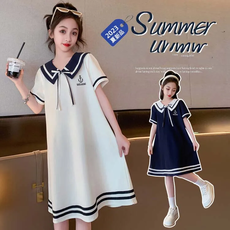 2024 Korean Summer School Girl Academy Style Princess Dress Children Girl Lapel Bowknot One-piece Dress Junior Girl Prom Dress