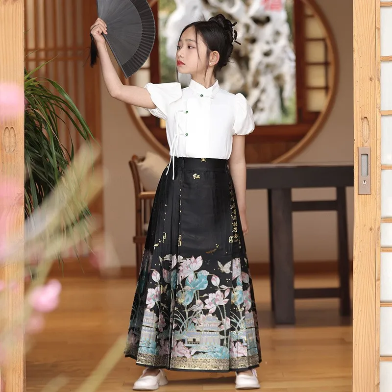 Kids Horse Face Skirt Lovely Girls Shirts Skirt Set Retro Chinese Traditional Style Hanfu Children Daily Costum Birthday Gift