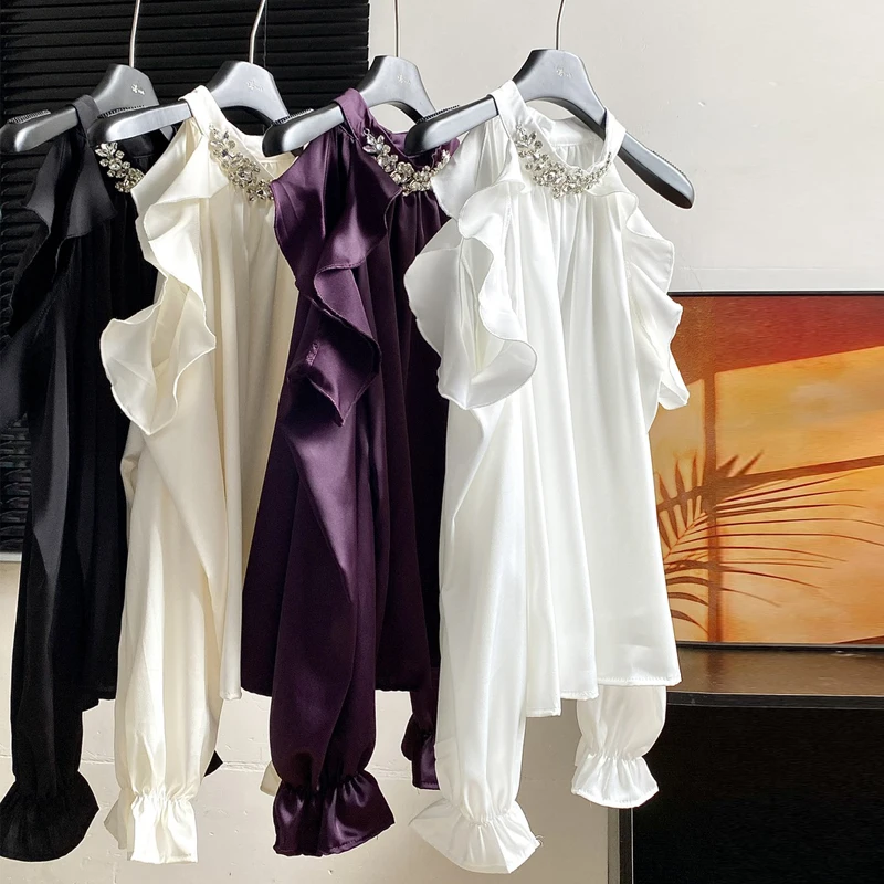 Camicette sexy in raso viola con spalle scoperte Camicette da donna con scollo all'americana in rilievo Manica lunga da donna Top da festa Camicia casual con volant alla moda coreana