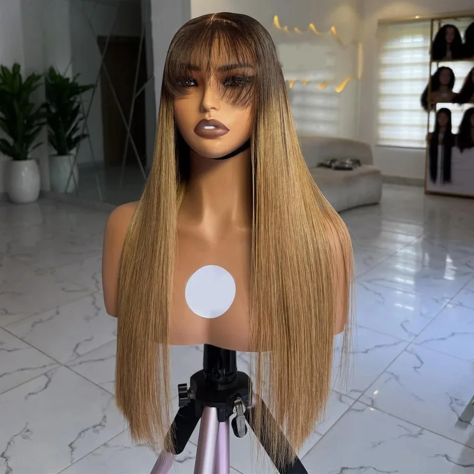 4/27 Balayage Ombre Straight Lace Front Wig 13x4 Preplucked Hairline Glueless Synthetic Wig With Bangs Heat Resistant For Women