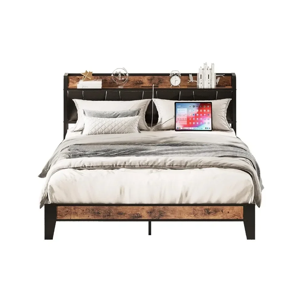 Queen Bed Frame, Storage Headboard with Charging Station, Solid and Stable, Noise Free, No Box Spring Needed, Easy Assem