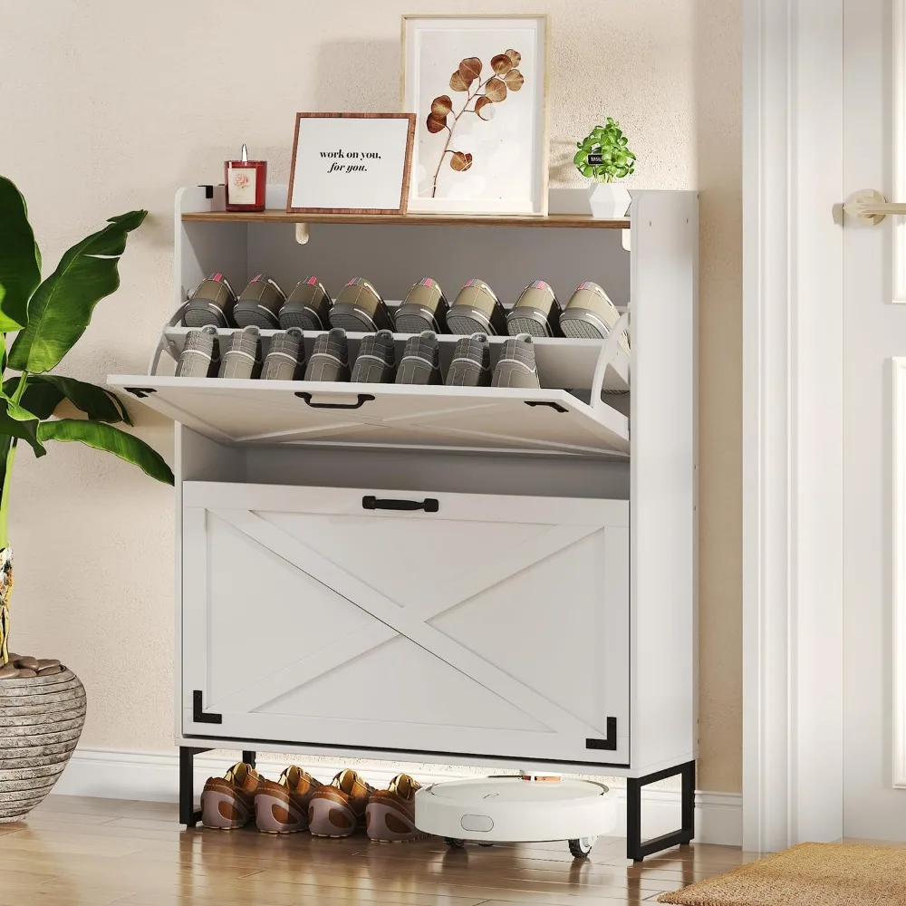 

Industrial Farmhouse 2-Tier Flip-Down Shoe Cabinet with Back Panel, Removable Shelves & 2 Movable Hooks, Adjustable Metal Feet,