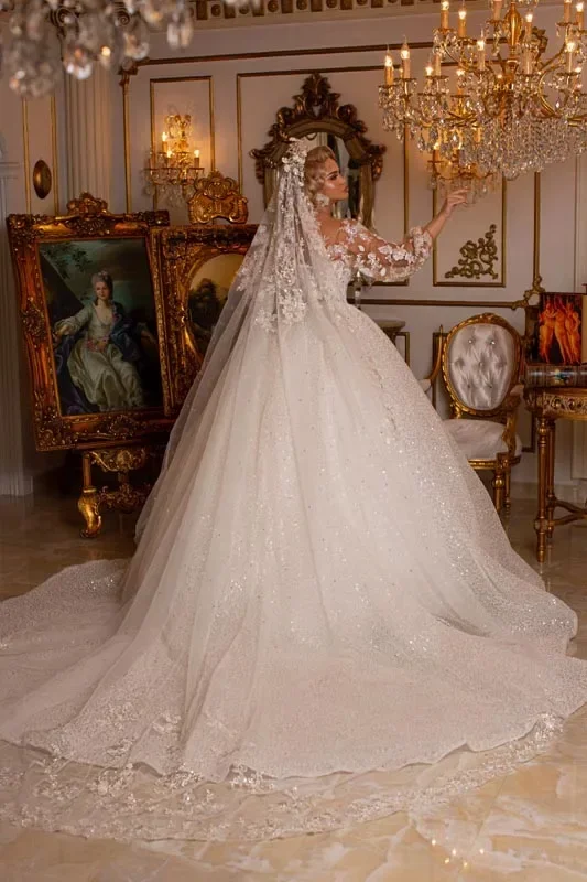 Customized Long Sleeves Wedding Dresses  A Line Sequins Lace Applique Illusion Neck Bodice Bridal Gowns Vestidos De Novia