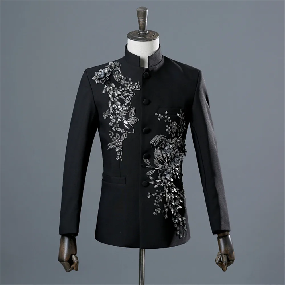 Chinese Tunic Men Mandarin Collar White Black Appliqued Blazer for Wedding Banquet Ceremony