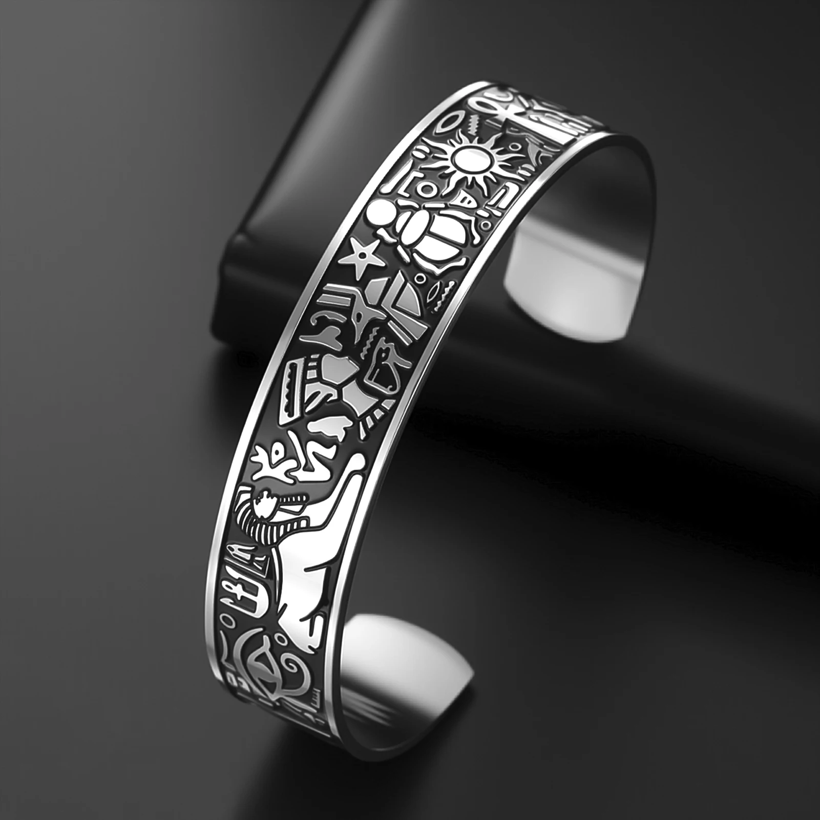 Stainless Steel Ancient Egyptian Symbol Hieroglyph Bracelet Totem Wide Version Bracelet Horus Eye Couple Gift for Men and Women