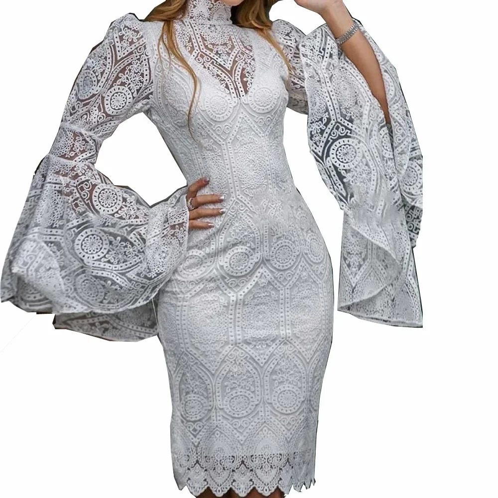 Women Spring Summer Horn Sleeve Elegant Mini Dresses Lace Embroidery Bodycon Dress for Women Latest Style Party Evening Dress