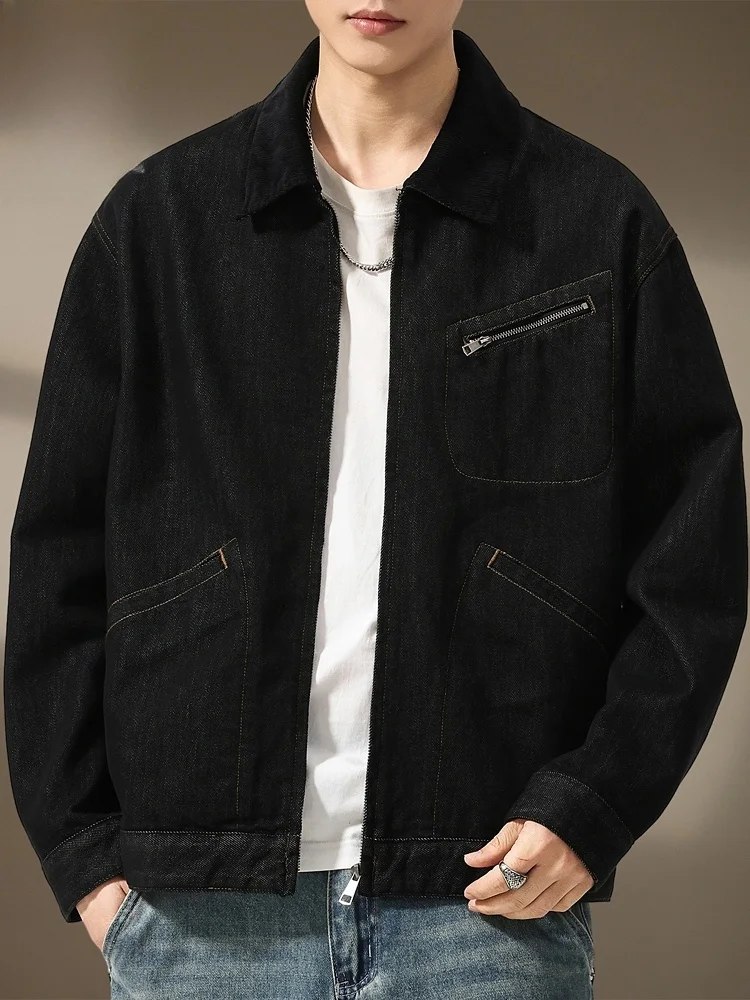 

Casual Sle Denim Jaet for Men Spring 2026 New American Retro Flip Collar Workwear Coat Youth ular Cotton Polye...
