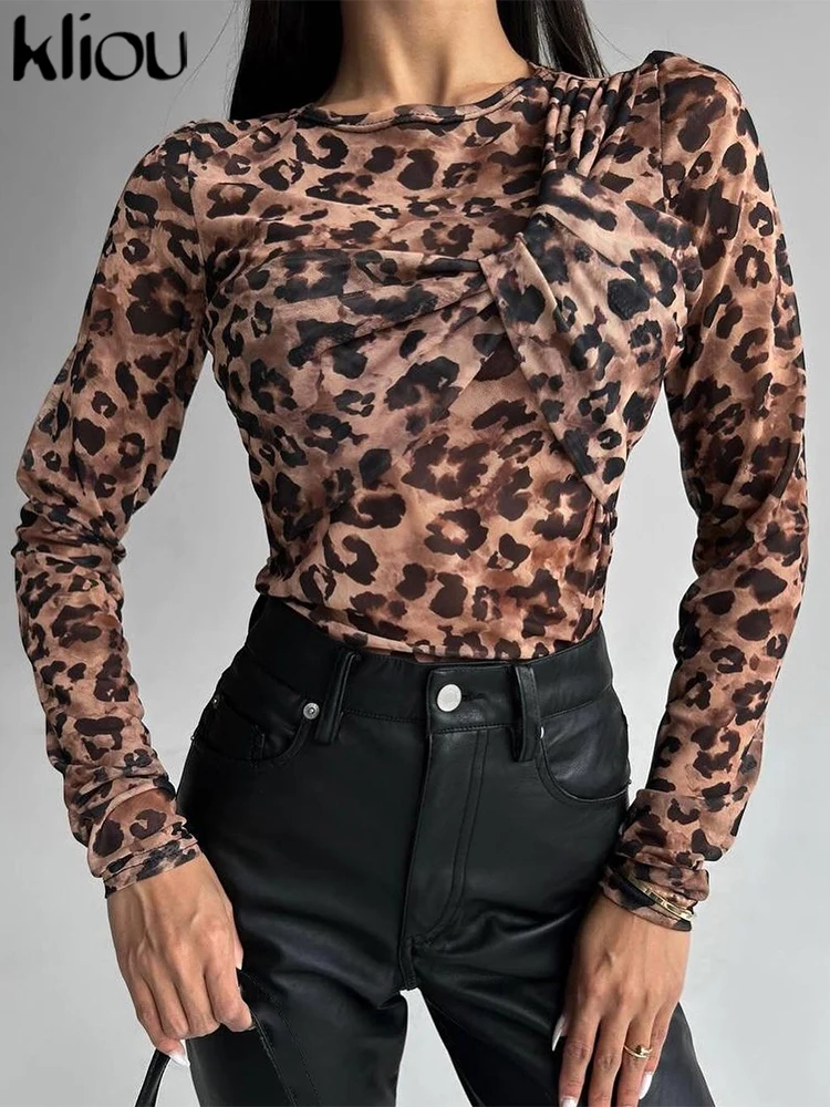 kliou Leopard Print Women T-shirts Autumn Popular Thin Long Sleeve Pleated Skinny Crop Tees Female Fashion New Wild Streetwear