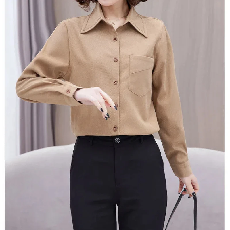 Turn-down Collar Spring Autumn Women\'s Clothing Solid Color Pockets Button Cardigan Shirt Casual Formal Elegant Trendy Tops