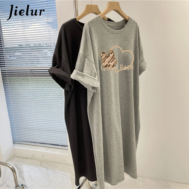 Jielur neue einfarbige Frauen lange Rundhals-T-Shirt Kleid Sommer koreanische Mode lose Größe lässig einfache Frauen kleider