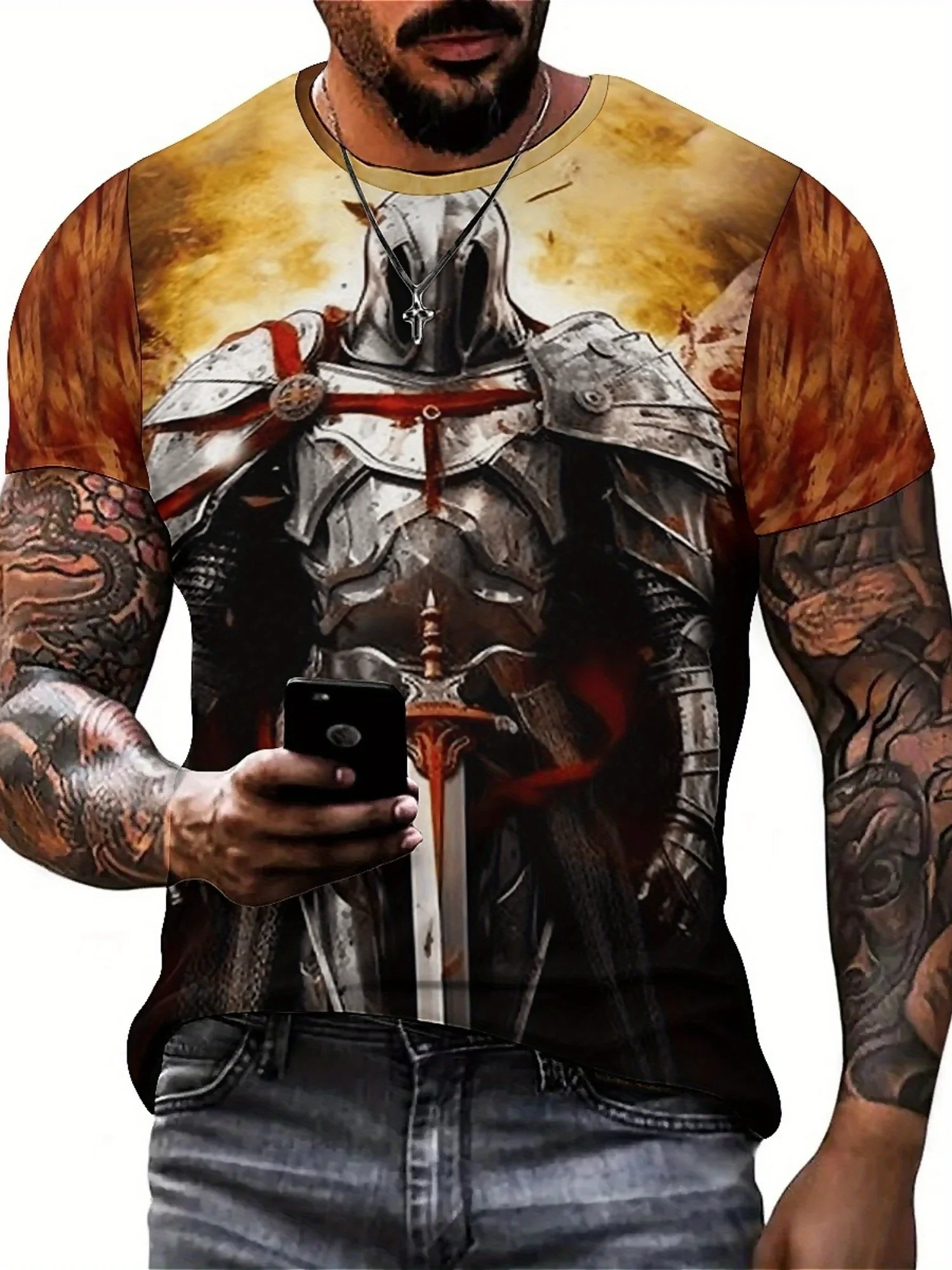 Kaos Grafis Perisai & Pedang Ksatria Bergaya Pria - Kaos Lengan Pendek Bernapas dan Nyaman untuk Olahraga Luar Ruangan & Pakaian Kasual