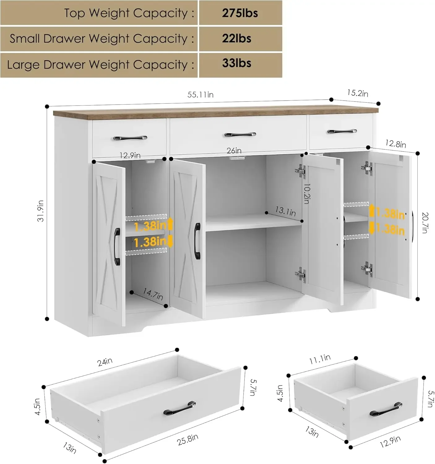 HOSTACK Mueble buffet con cajones, aparador grande de 55 pulgadas, mueble de almacenamiento para buffet con estantes y puertas, café moderno de granja