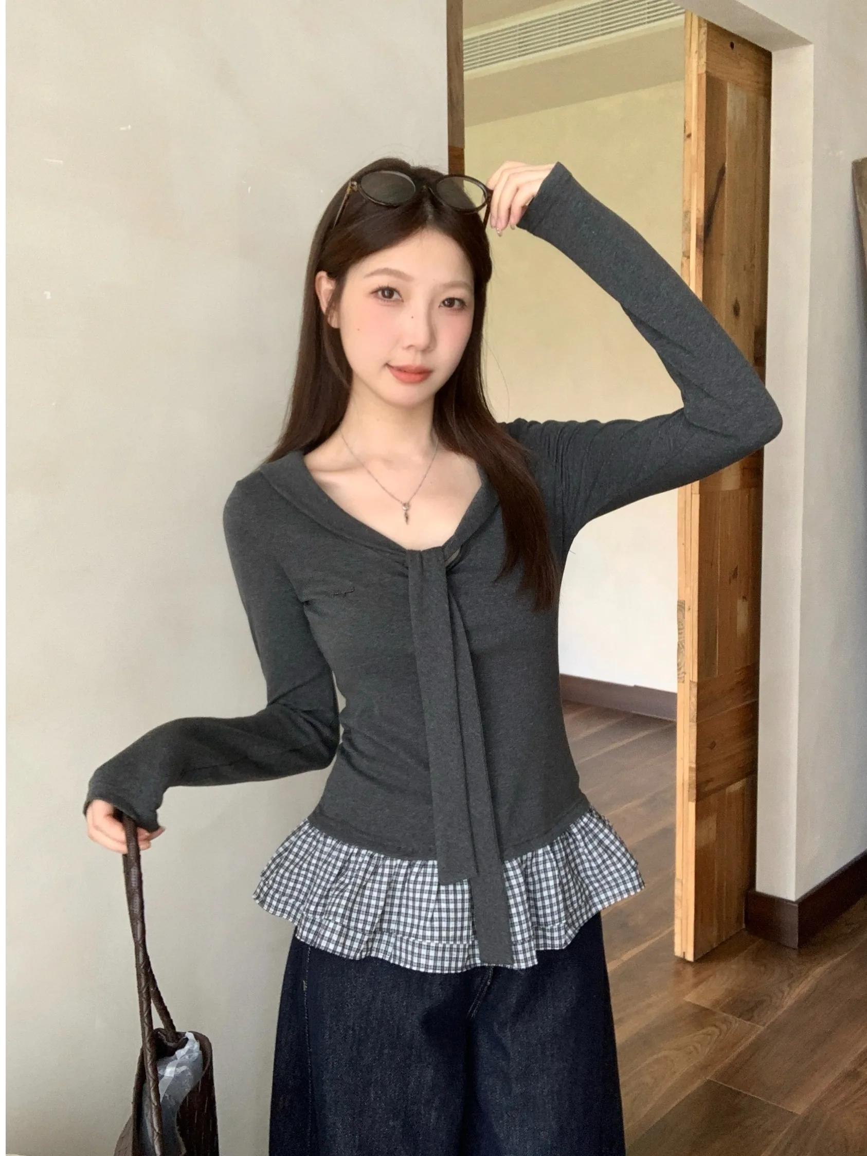 

Sweet Style Oversized T-Shirt with Shawl Belted Waist Long Sleeve Women's Fashionable Top Trendy Autumn New Arrival