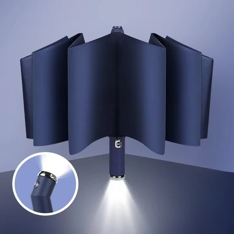 Paraguas con linterna LED a prueba de viento, con mango giratorio, apertura automática, 10 costillas, doble uso, protección UV, paraguas de viaje