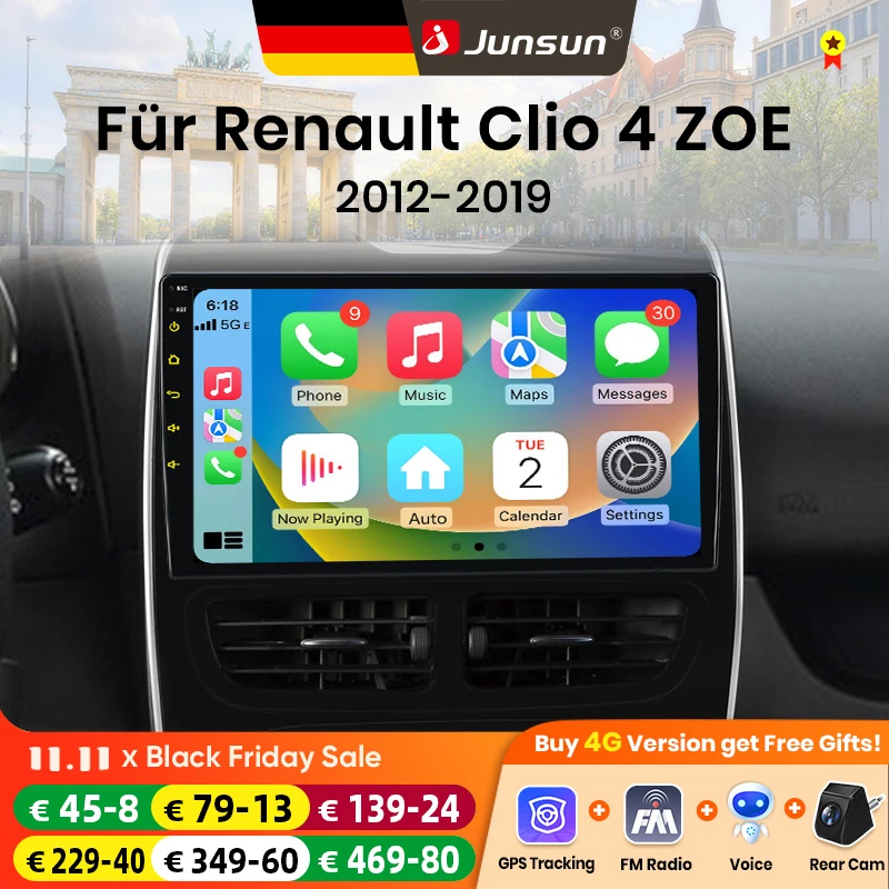 Autoradio Android 15 10 pouces Junsun pour Renault Clio 4 ZOE 2012-2019, sans fil, compatible Apple CarPlay, écran IPS, lecteur multimédia vidéo, système intelligent automobile, autoradio 2 Din, GPS, navigation, BT, 4G, WIFI, 8 cœurs, FM, DSP, RDS, SWC, DAB+