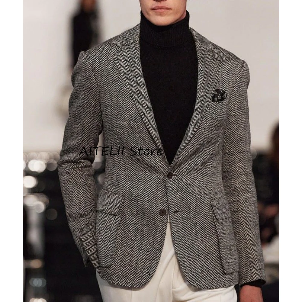 

Casual Suit Jackets for Man Vintage Herringbone Fabric Urban Blazers Notched Lapel Business Casual Style Men's Jacket Fashion