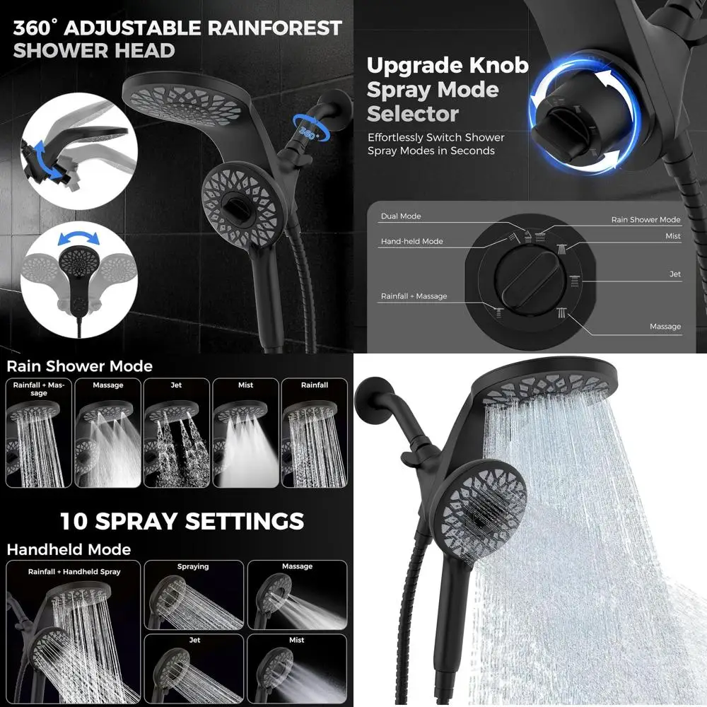 

Dual-Mode Shower Head Combo: Detachable High-Pressure Handheld with 10 Spray Settings and Magnetic Dock
