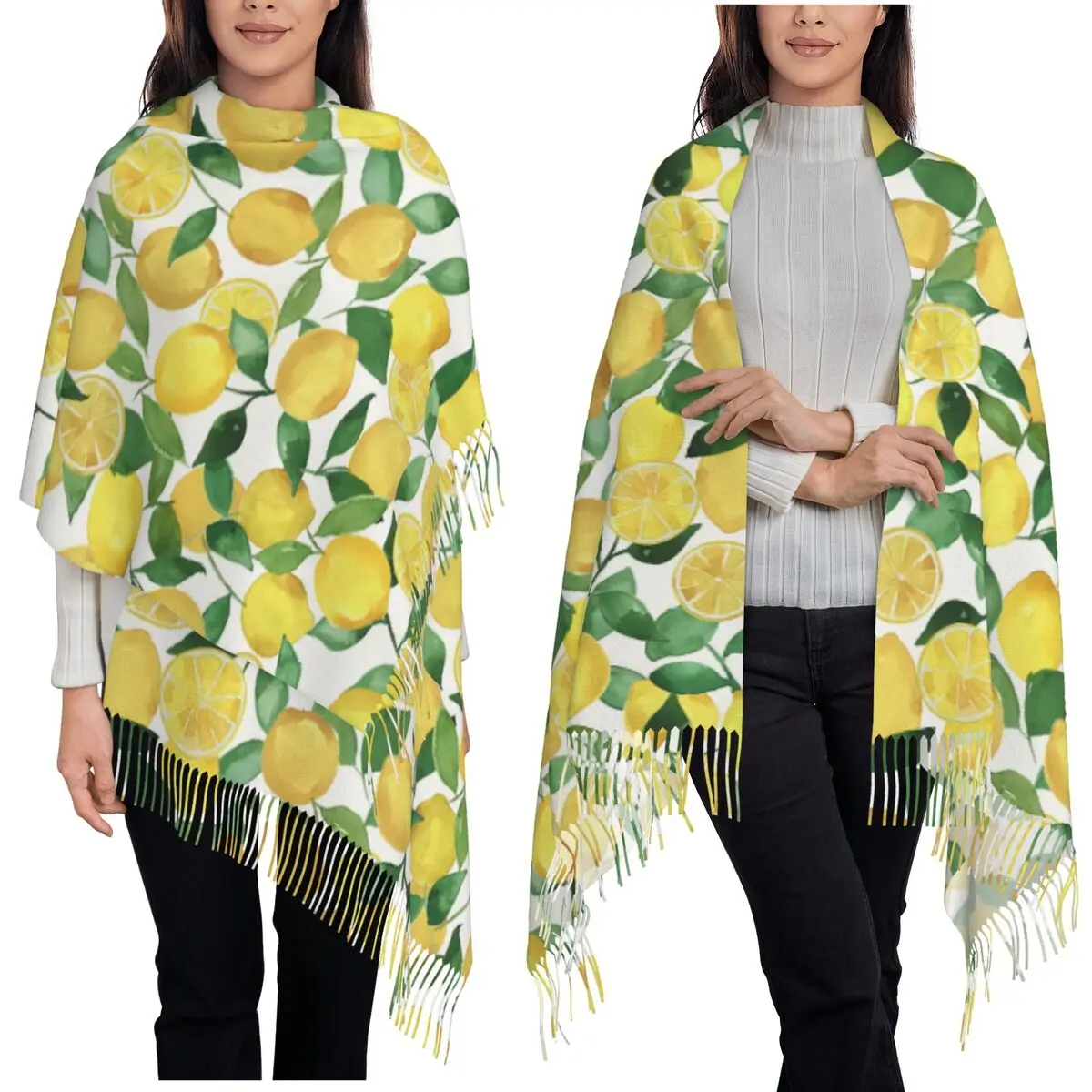 Citrus Lemons Tree Foliage Blossom And Leaf Scarf Tassel Scarves for Women Soft Warm Shawl and Wraps Long Fall Winter Shawl Wrap