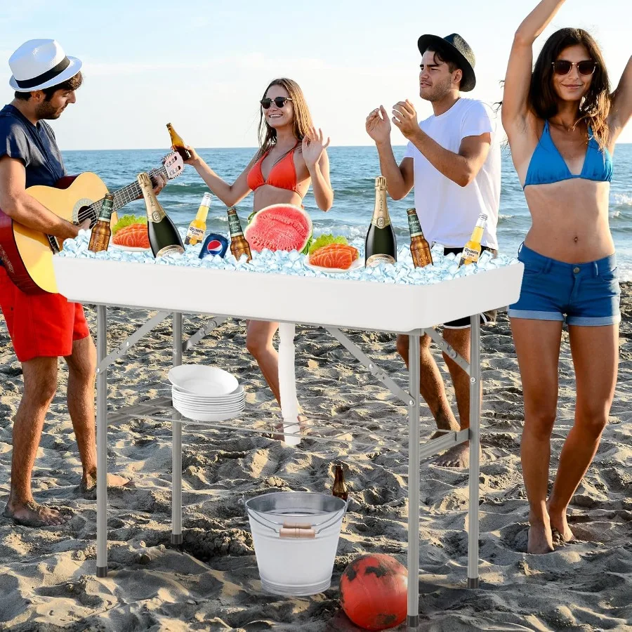 طاولة تبريد الثلج المحمولة 4 أقدام في الهواء الطلق مع تصميم استنزاف وقابل للطي تنورة مطابقة قابلة للإزالة للتخييم في الهواء الطلق والشواء