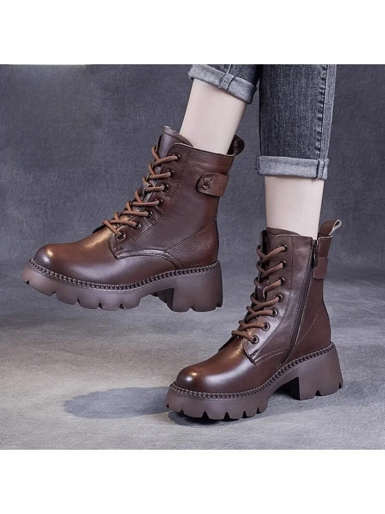 

Удобные зимние женские ботинки на толстой подошве, модные короткие ботинки в британском стиле, повседневные, на высоком каблуке