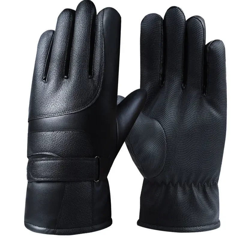 1Pair Black Winter PU Leather Windproof Warm Touchscreen Anti Slip Driving,Motorcycle,Outdoor Sport and Work Glove Adding Velvet