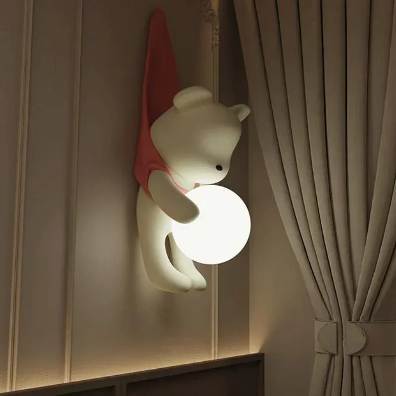 SANDYHA Nordic Resin Wall Lamp Cute Little Bear Design LED Light Children\'s Room Bedroom Decoration Home Study Lighting Fixtures