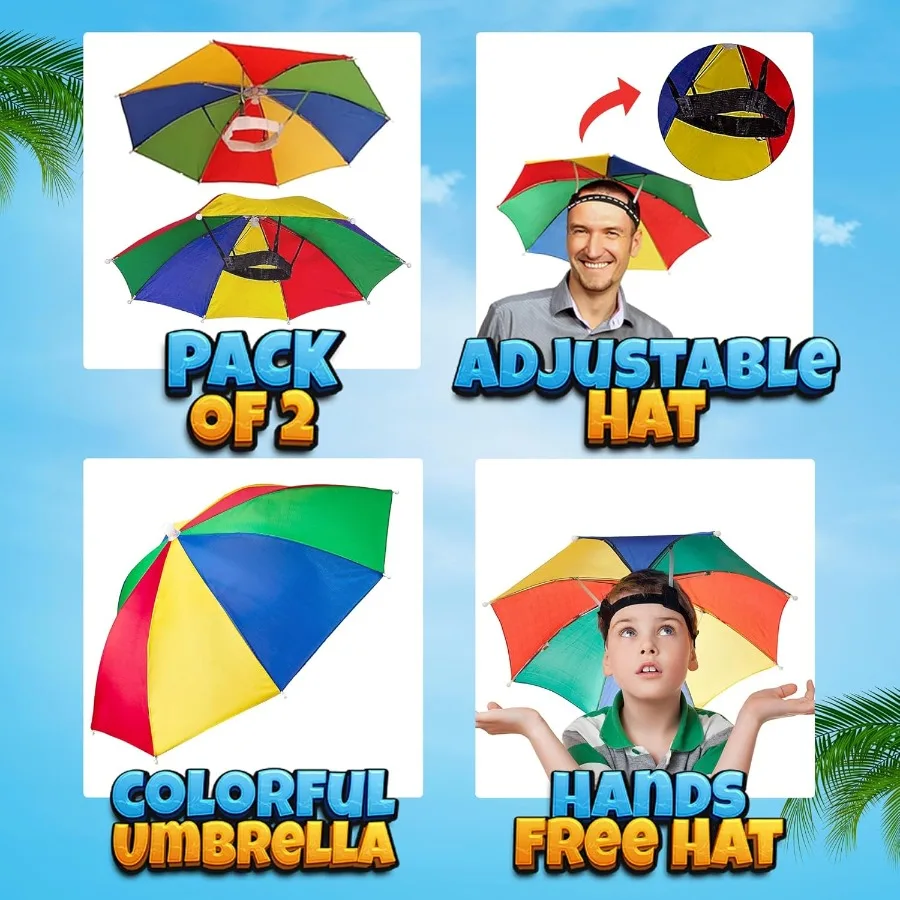 مجموعة قبعة المظلة مكونة من قطعتين - قبعات حفلات ملونة للمناسبات الخارجية وحفلات الشاطئ - تصميم 20 بوصة بدون استخدام اليدين مع مطر نابض بالحياة