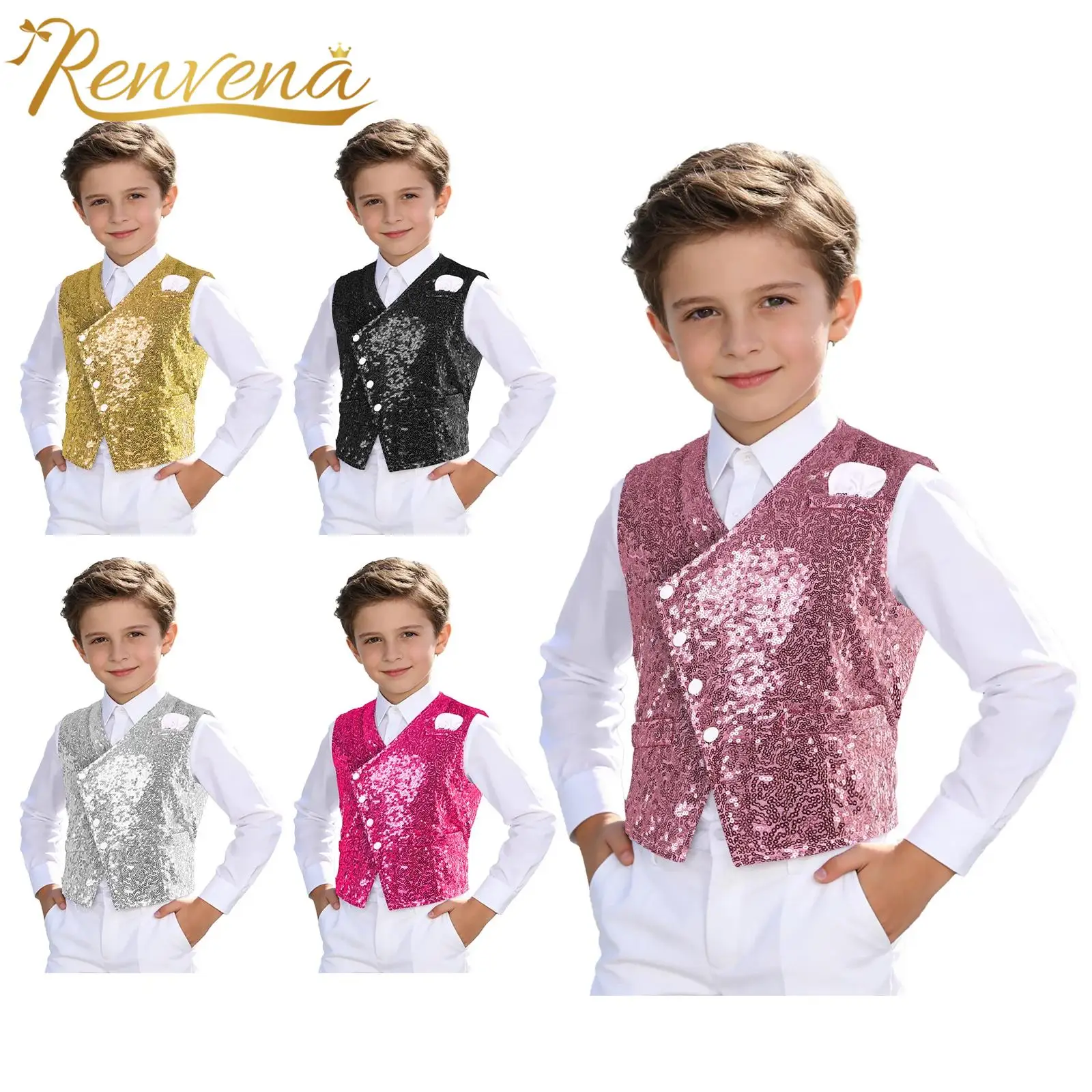 Children's Vests Kids Boys Sequin Waistcoat Fashion Button-down Vest Birthday Party 70s Disco Prom Dance Costume 4-14 Tank Top