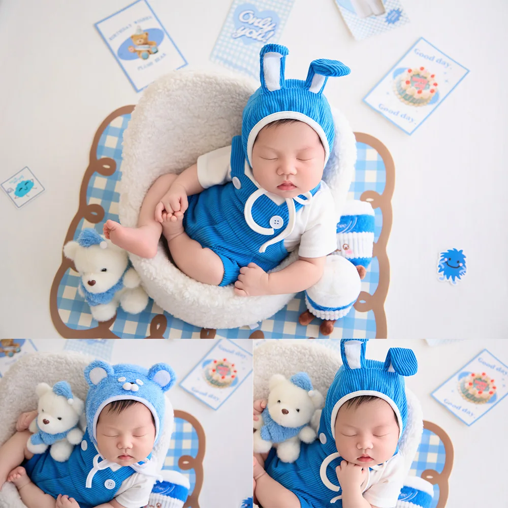 Newborn Boy Photography Props Blue Cartoon Bear Rabbit Hat+photo Costume Set|cute Plush Bear Infant Photo Shoot Props for Studio