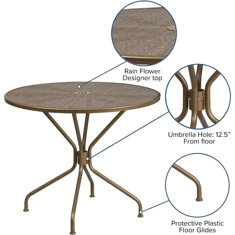 Tavolo da patio rotondo in acciaio per interni ed esterni in oro di grado commerciale 35,25 con foro per ombrellone, perfetto per cene all'aperto, cortili e giardini