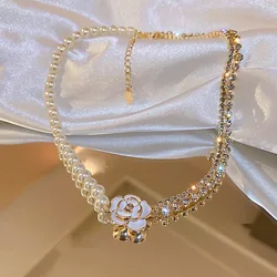 Crystal Camellia Necklace Fashion Pearl Necklaces for women Clavicle Chain Vintage Summer Woman Necklace Luxury Jewelry