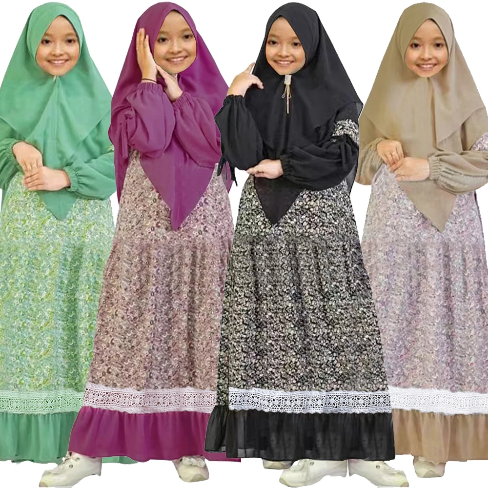 

2pcs Muslim Ramadan Sets Children Girls Prayer Dresses Hijab Abaya Arab Kids Long Khimar Robe with Headscarf Islamic Kaftan Gown