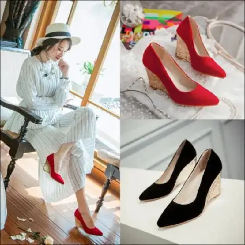 Wedges High Heels Pumps Shoes Women Elegant Spring Casual Red and Black Wedding Office Party Shoes Ladies Large Size 43