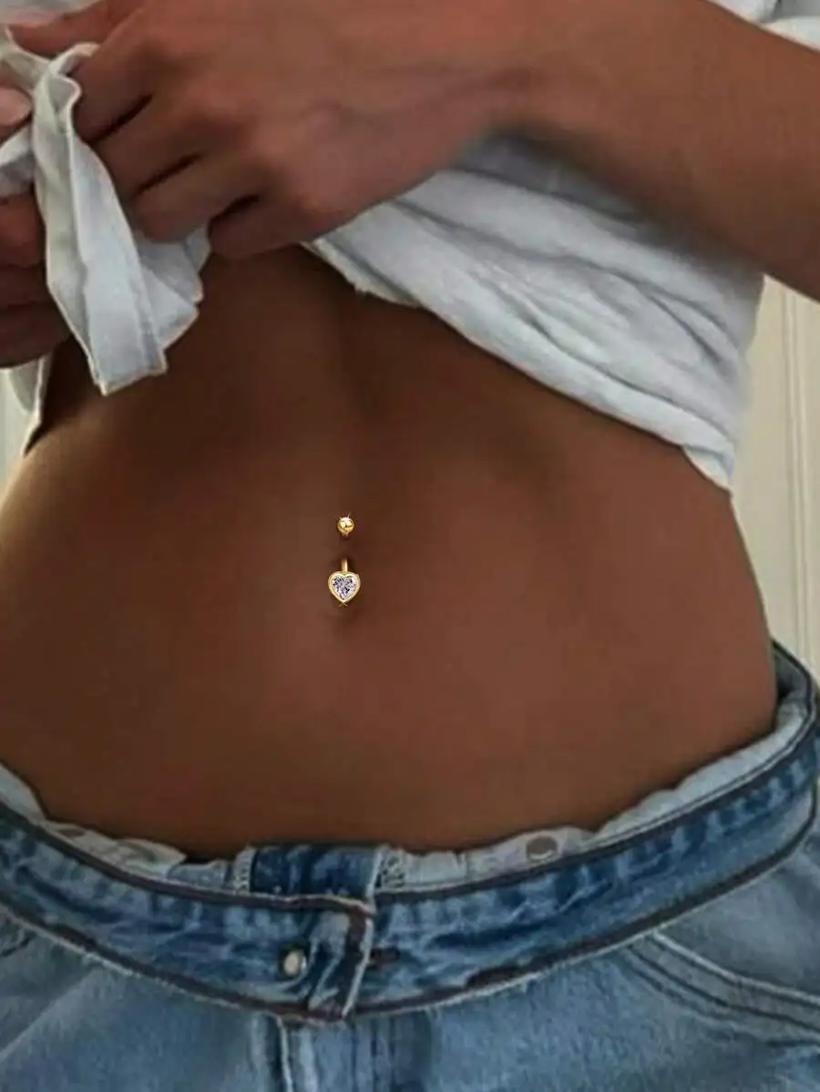

Gold-Tone Heart Zirconia Crystal Curved Barbell Navel Ring In 925 Sterling Silver For Delicate Belly Button Piercing