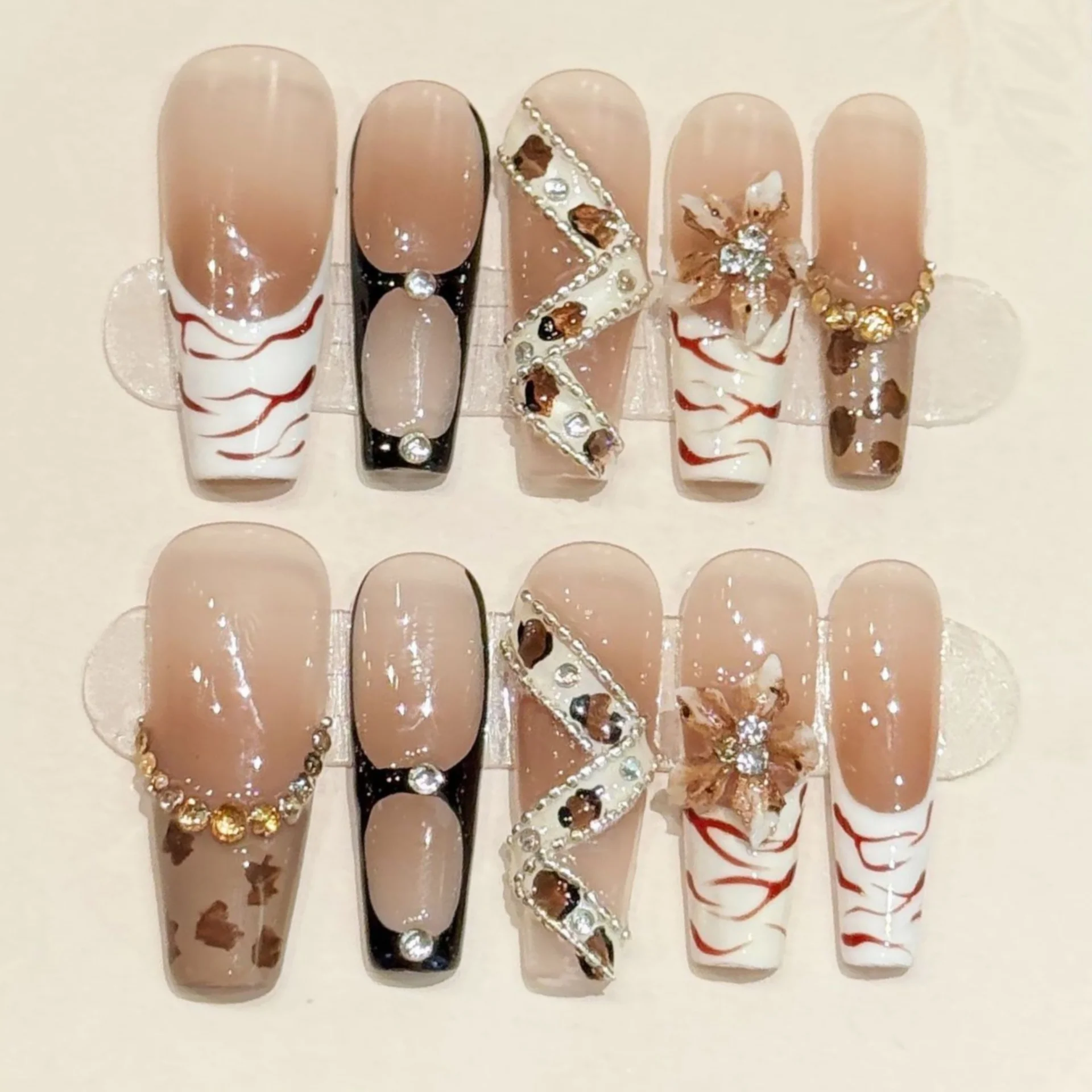 

24pcs Leopard Print Handmade Press on Nails Tips Autumn Brown Long Ballet Fake Nails Spicy Girl Flower Diamond French False Nail