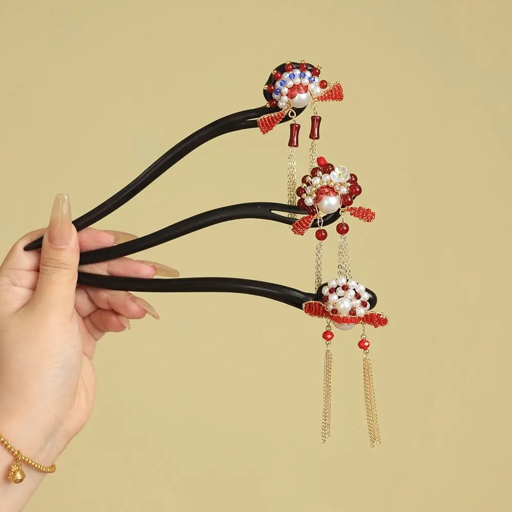 

Классическая заколка для волос в новом китайском стиле с красным цветком, палочка для волос в стиле ханьфу с жемчугом, антикварная деревянная шпилька для женщин