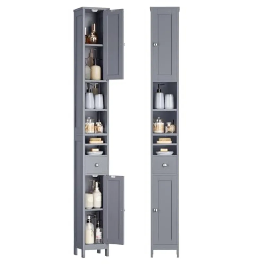 

Высокий узкий напольный шкаф для ванной комнаты с регулируемыми полками, выдвижными ящиками и открытыми отсеками для небольшого спа-салона