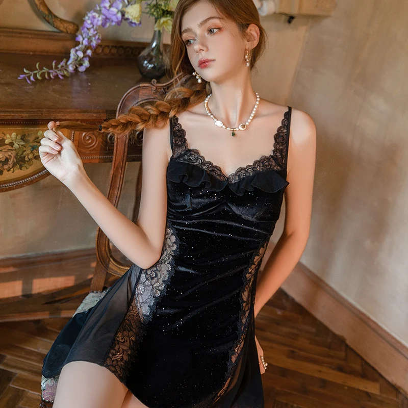 

Sexy Deep V Neck Velvet Nightgown Set with Lace & Padded Cups Sheer Back Robe Loungewear for Women