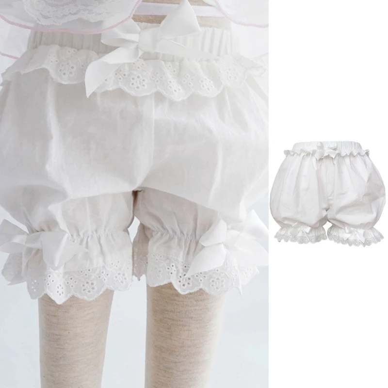 Women Ruffled Lace Trim Bloomers Pumpkin Shorts Japanese Frilly Knickers